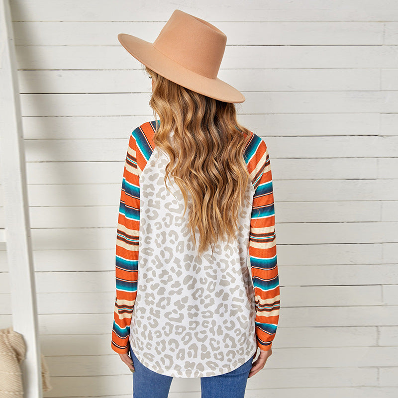 Printed Waffle Contrast Color Long Sleeves Sweater