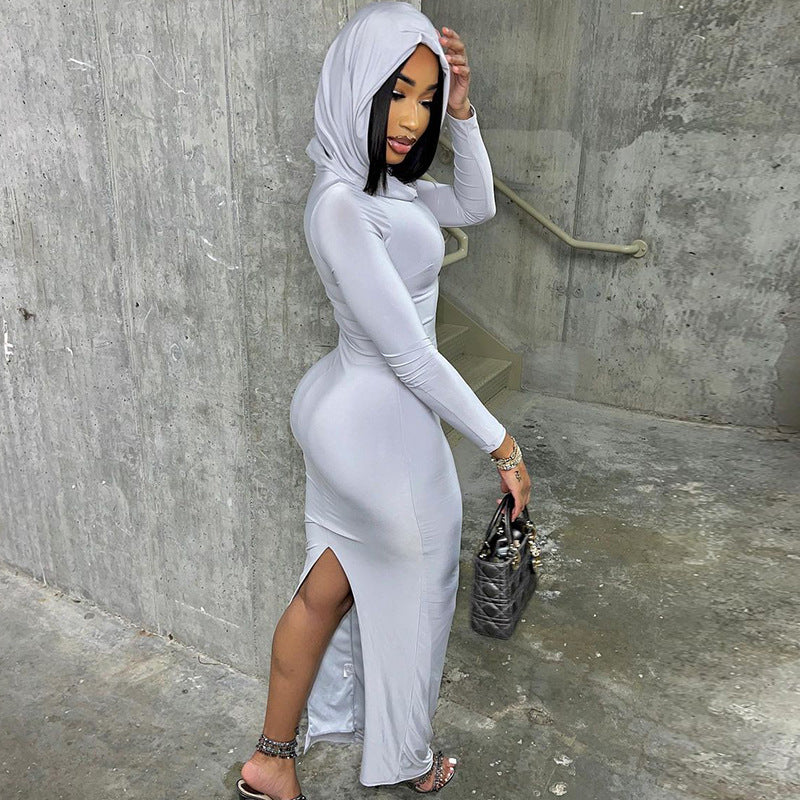 Hooded Solid Color Tight Dress