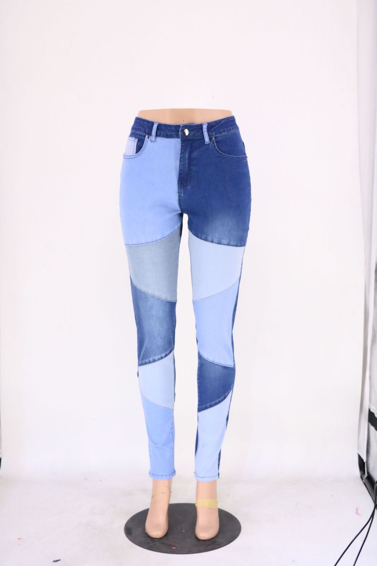 Blau-schwarz genähte Street-Hipster-Hose aus gewaschenem Baumwolldenim mit hoher Taille