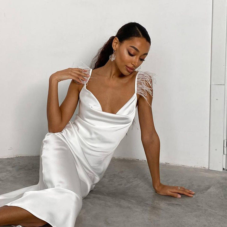 Sexy V-neck Backless White Feather Slimming Cami Dress