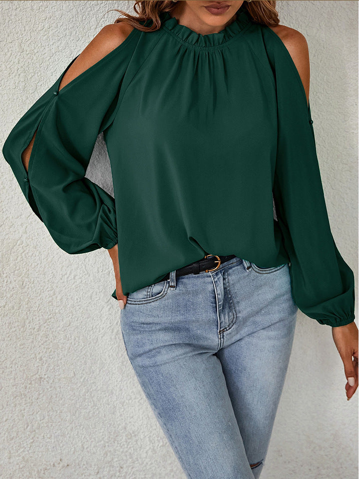 Solid Color Lotus Leaf Round Neck Long Sleeve Pleated Off Shoulder Blouse