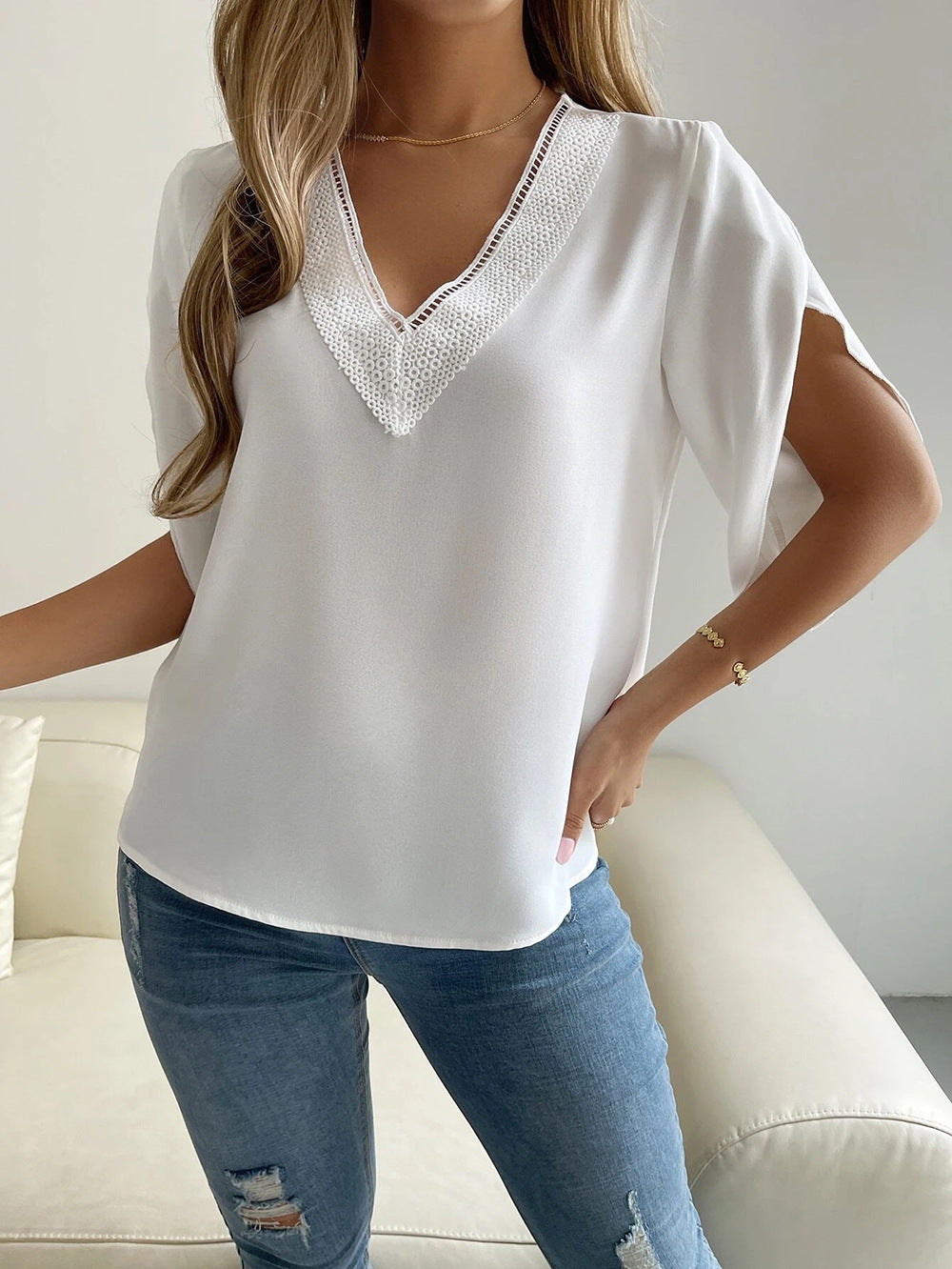 V neck Lace Solid Color Top Short Sleeve Chiffon Shirt