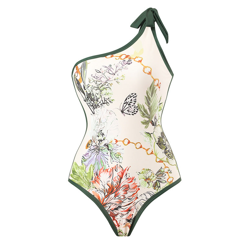 Élégant imprimé couture contraste couleur plage protection solaire jupe épaule maillot de bain deux pièces