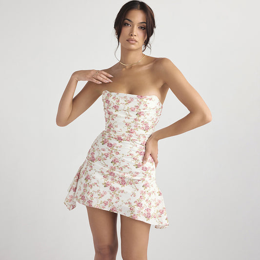 Sweet Spicy Floral Boning Corset Top Slim Fit Backless Tube Top Dress
