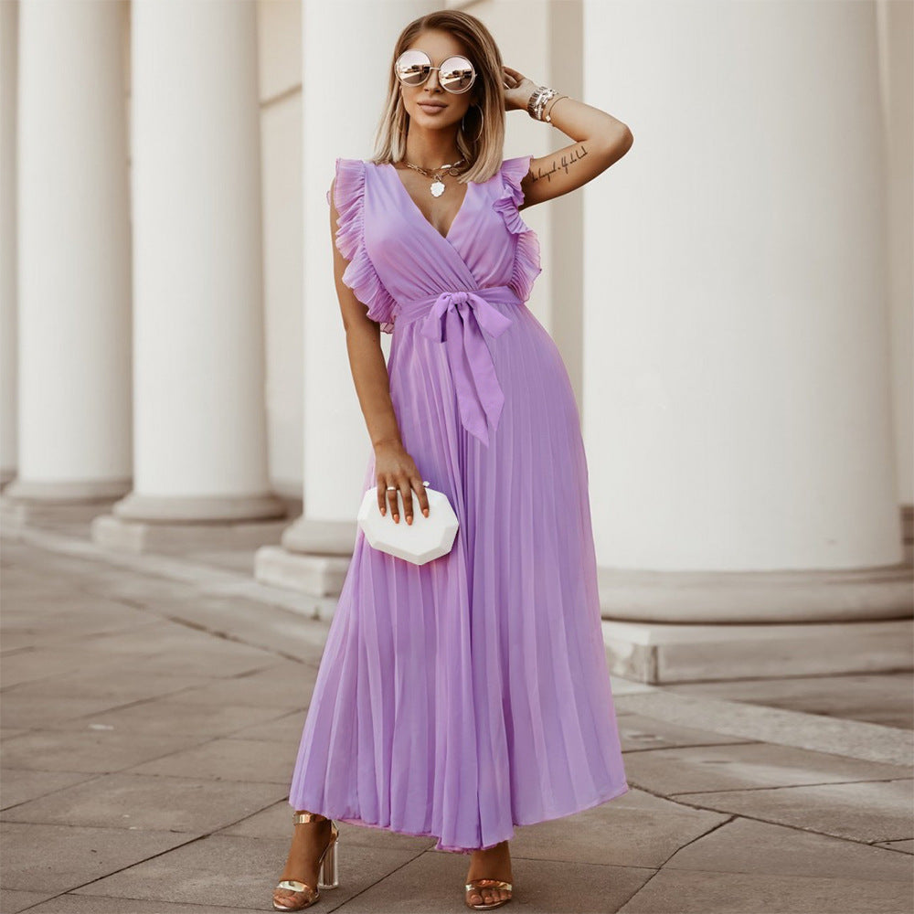 Fashionable Slim-Fit Sexy Ruffle Sleeve Chiffon Pleated  Solid Color Dress