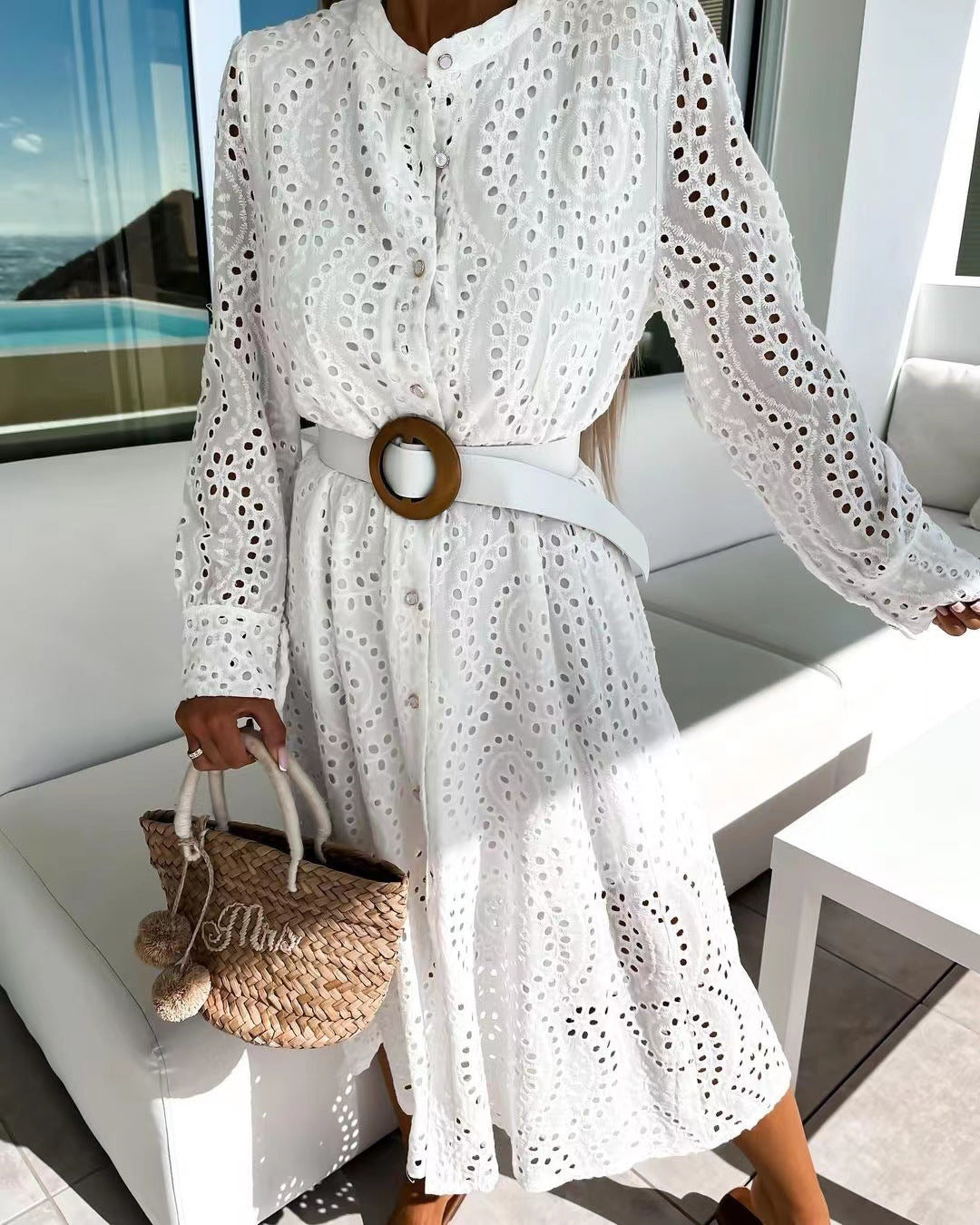 Embroidery Casual Lace round Neck Belt Maxi Dress