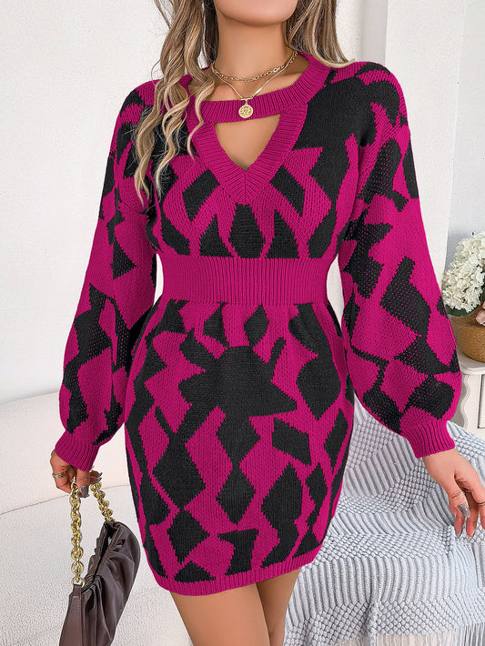Casual Color Matching Hollow Out Cutout out Lantern Sleeve Fitted Waist Sweater Dress
