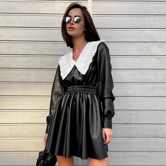 Faux Leather Doll Collar Fitted Waist High Waist Long Sleeve Black Punk Dress