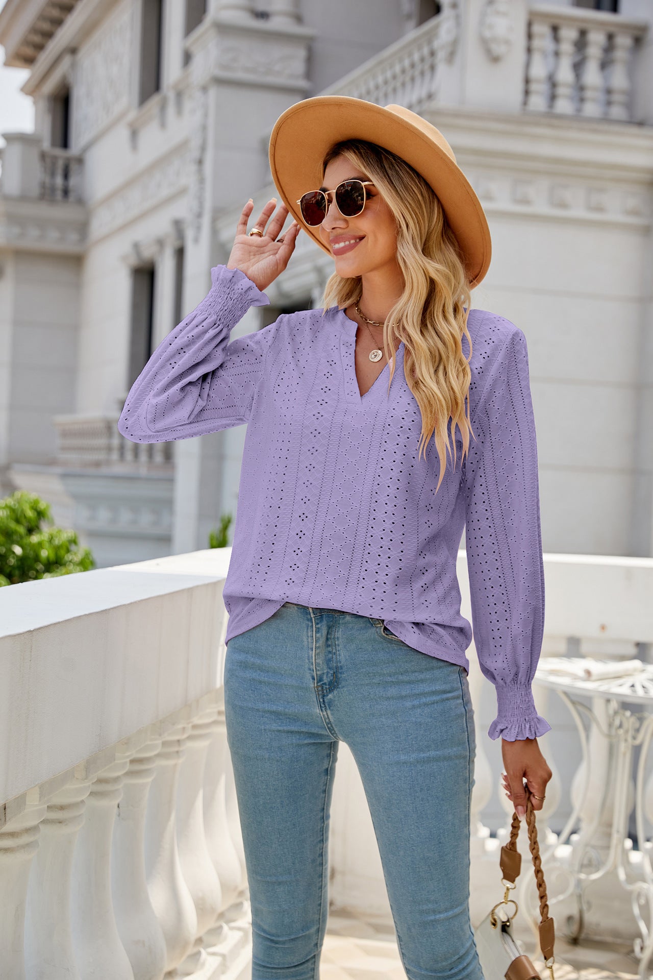 Solid Color Hollow Out Pleated Ruffle Sleeve V neck Loose Long Sleeve Blouse