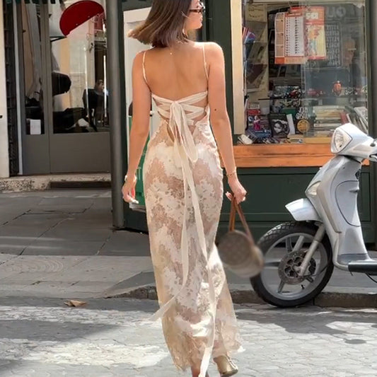 Vacation Sexy Strap High Class Elegant Printing Slip Dress
