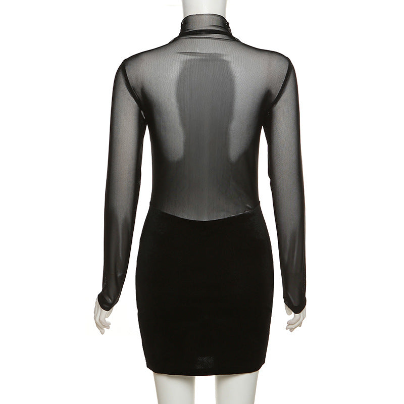 Sexy Turtleneck Flocking Mesh High Waist Tight Fitting Solid Color Sheath Dress