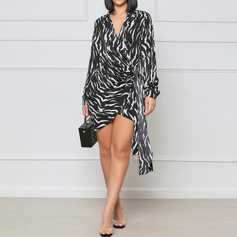 Zebra Print Printed Short V-neck Lace-up Waist Irregular Asymmetric Dress