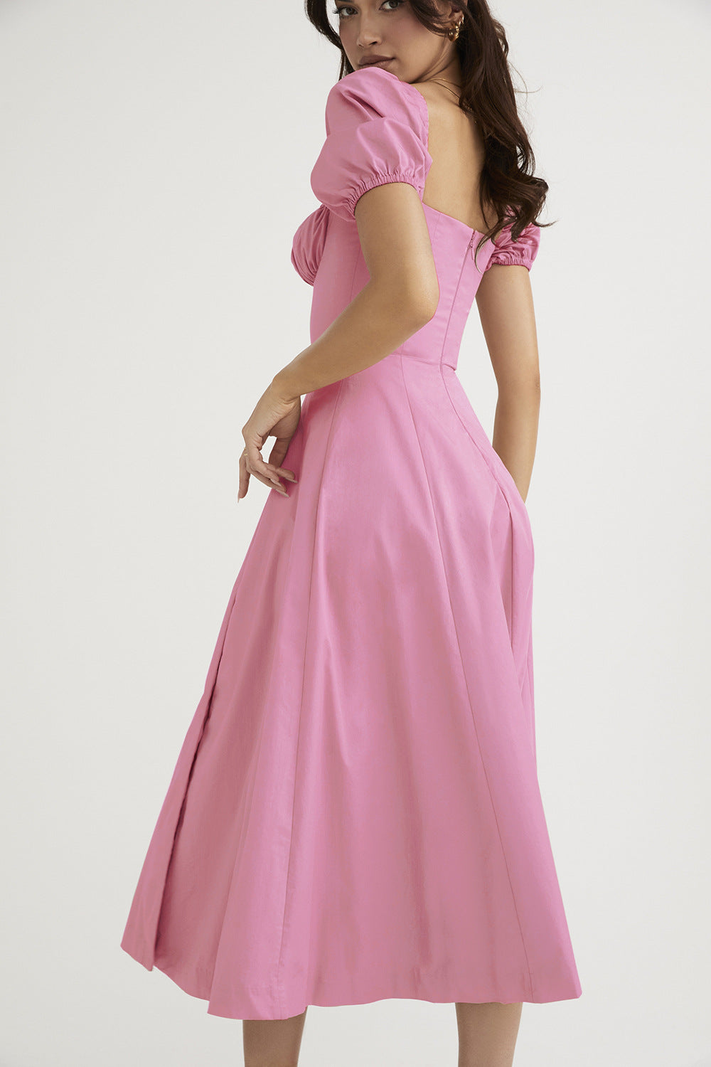 Bubble Sleeve Solid Color Tied High Slit Maxi Dress