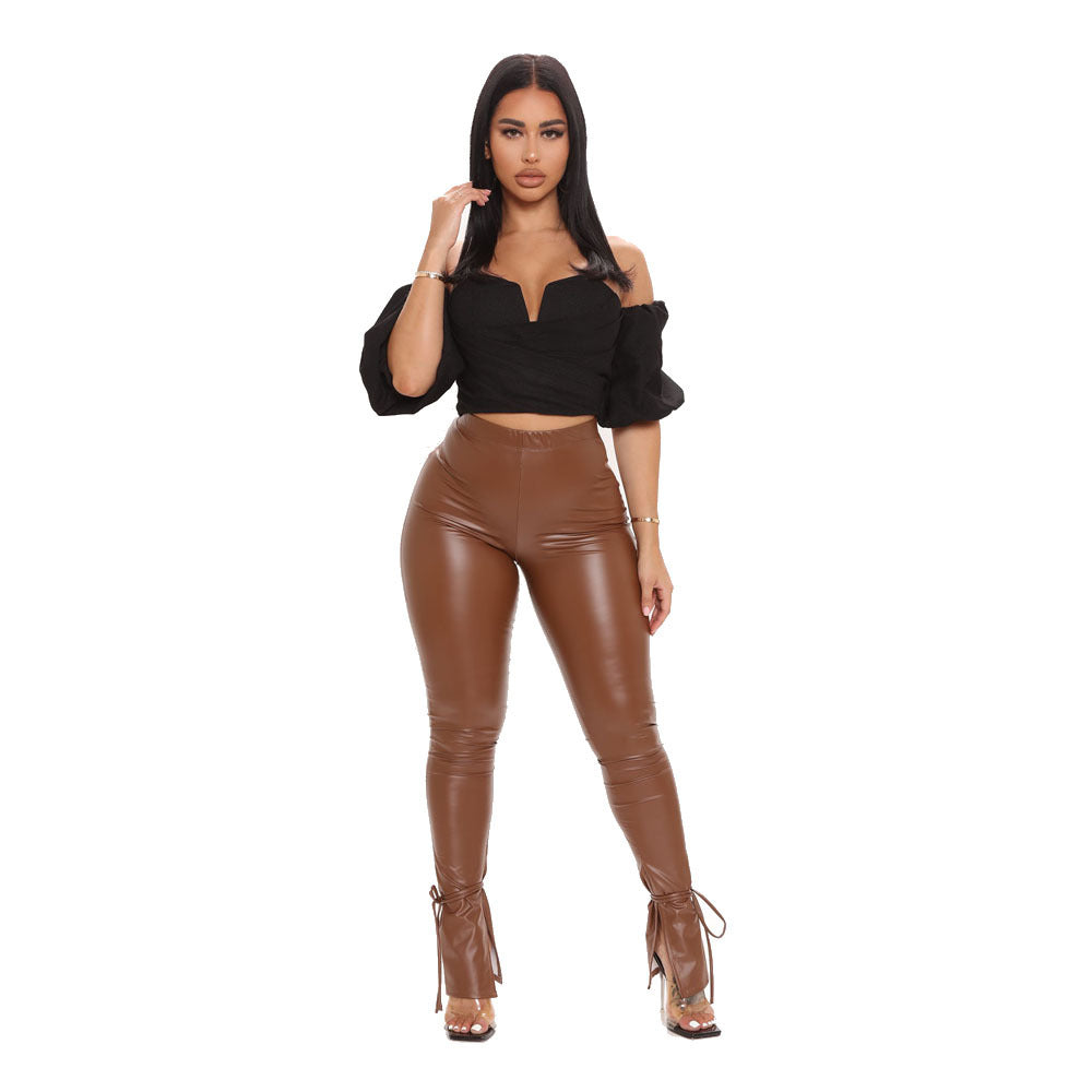 Tight High Elastic Bandage Slightly Flared Side Slit Faux Leather Trousers