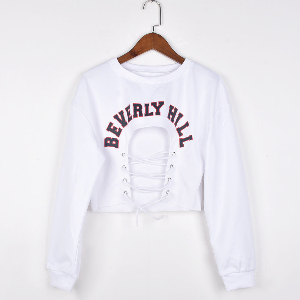 Autumn Winter cropped Cool Long Sleeve Lace up Letter Graphic  Sweatshirt