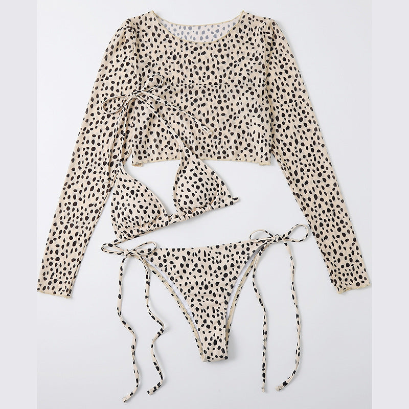 Long Sleeve Mesh Coat Ladies Three-Piece Set Leopard Print Sexy Bikini