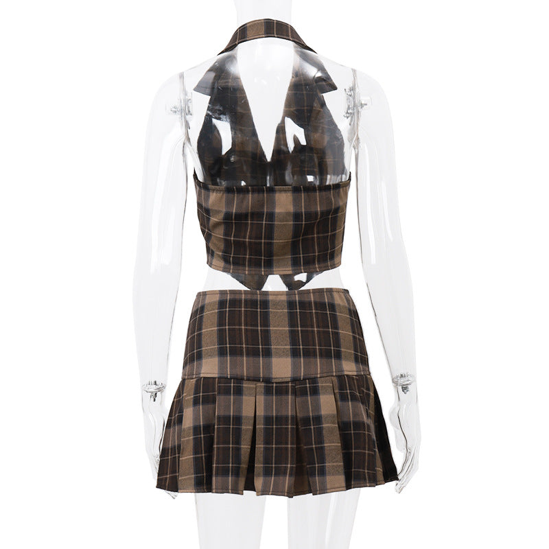 Summer Sexy Retro Plaid Vest Graceful Pleated Skirt Set