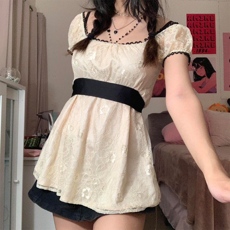 Mesh Lace Mid Length Short Sleeve Lace Shirt Dress