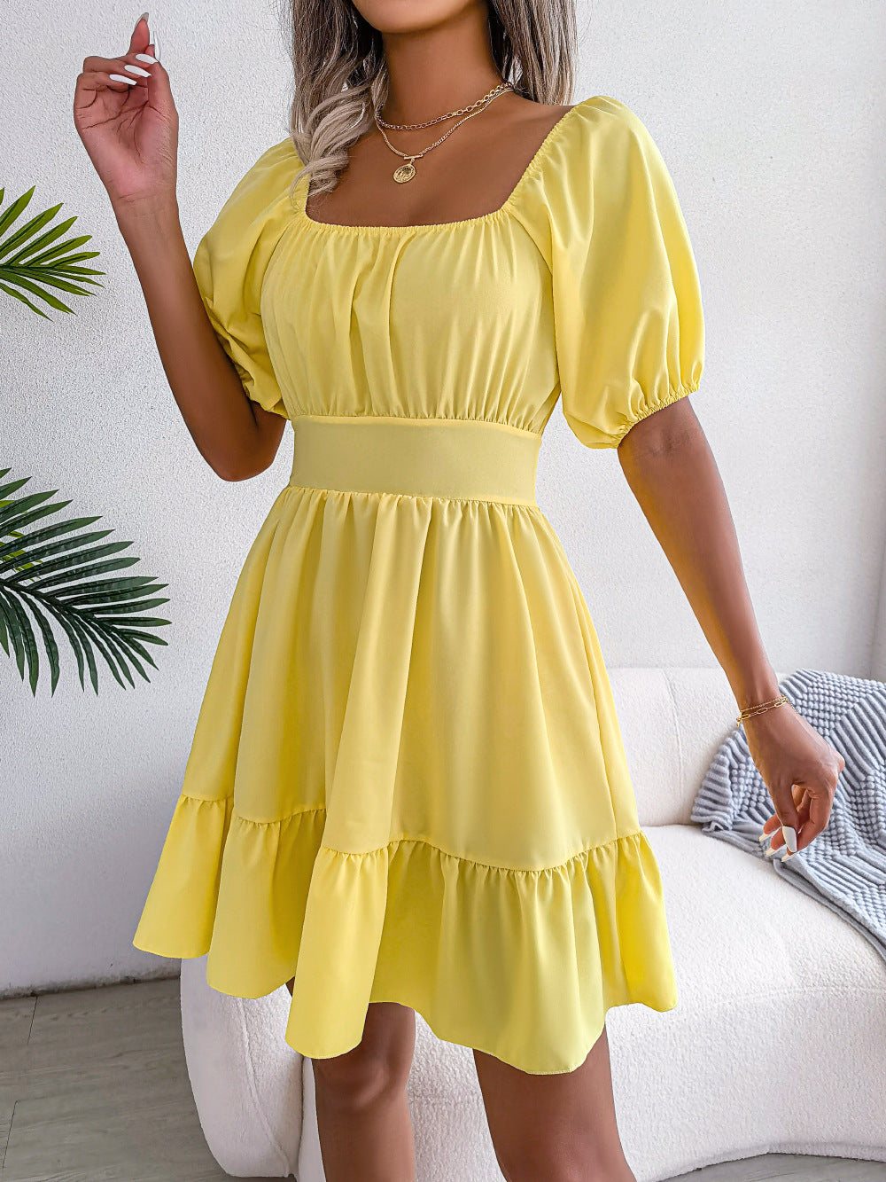 Casual Square Collar Backless Tied Lotus Leaf Large Swing Dress