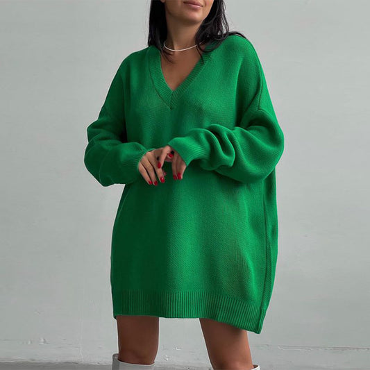 Long Sleeve V Neck Casual Loose Knitted Pullover Long Sweater Dress