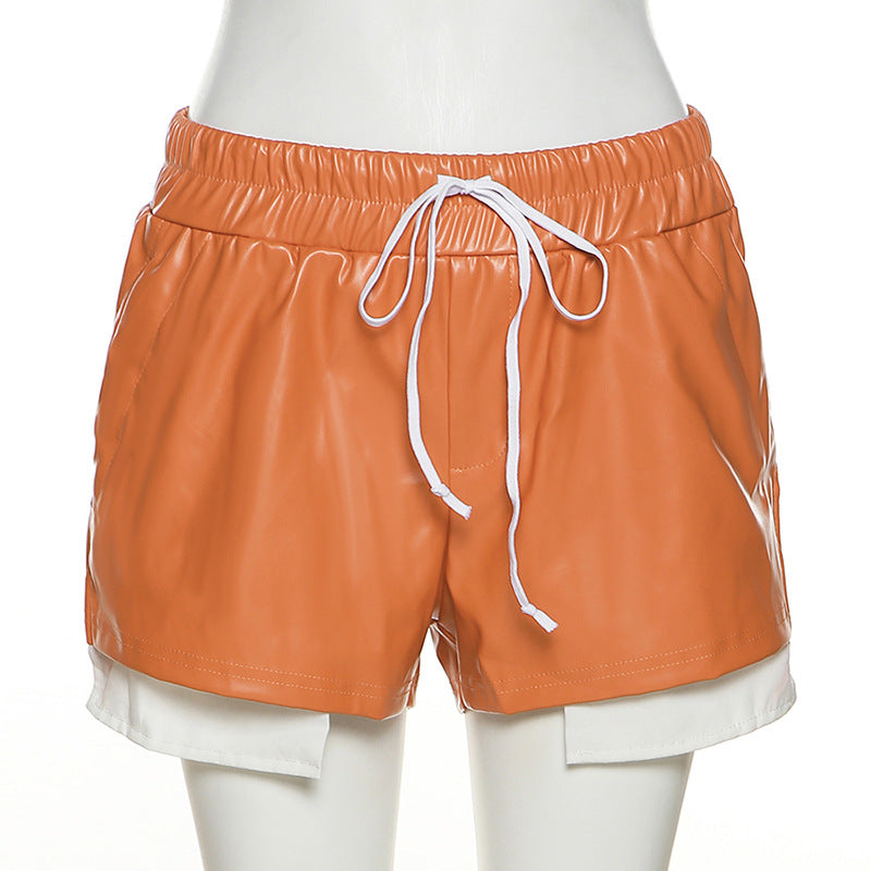 Faux Leather Tied High Waist Sheath Tight Casual Shorts