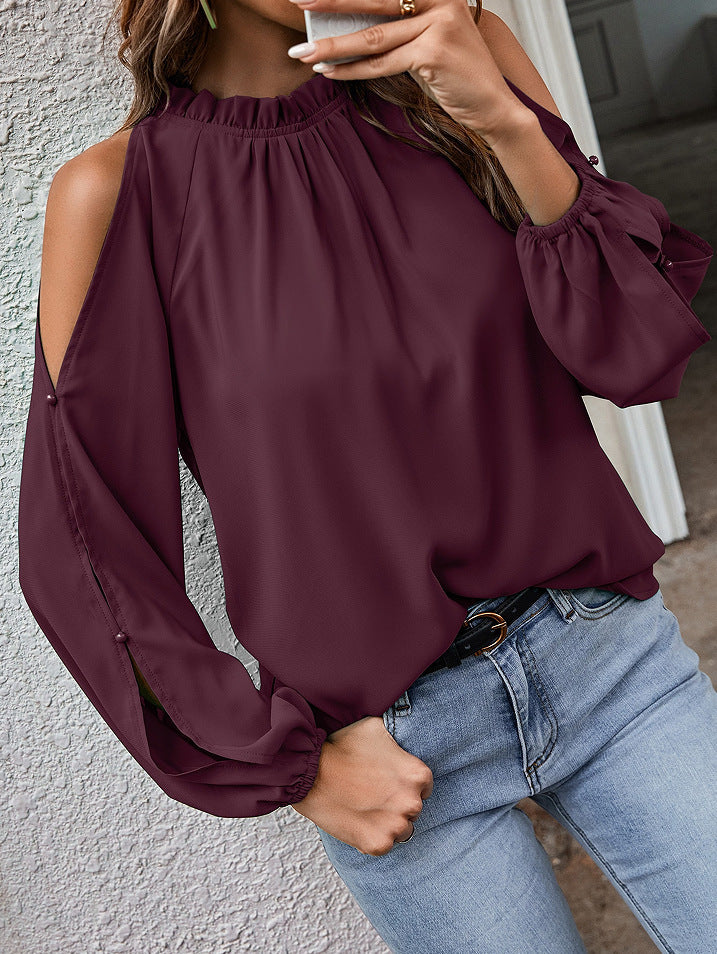 Solid Color Lotus Leaf Round Neck Long Sleeve Pleated Off Shoulder Blouse