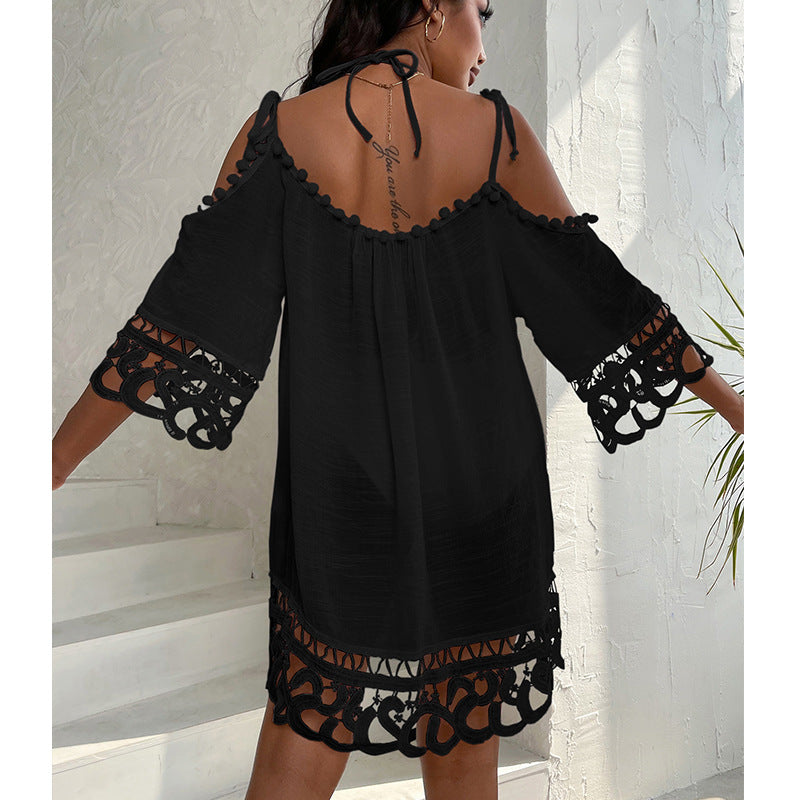 Hollow Out Cutout Lace off-Shoulder Strap Sexy Solid Color Loose Casual Sun Protection Swimsuit Cover