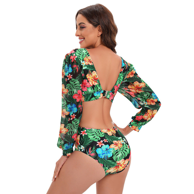High Waist Tied V neck Floral Print Swimsuit