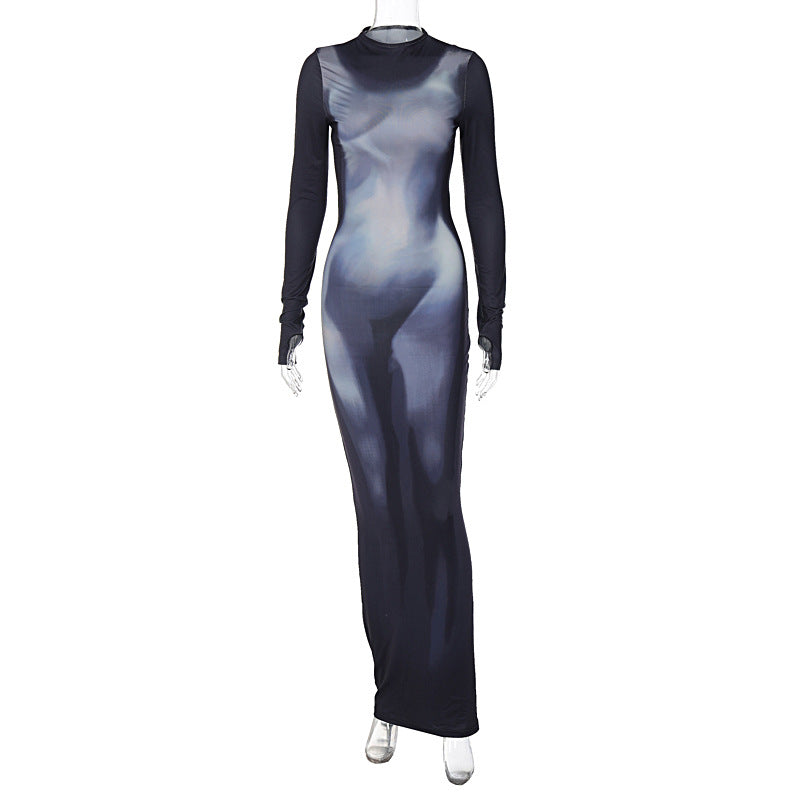 3D Printed Slim Fit Long Sleeve Maxi Dress