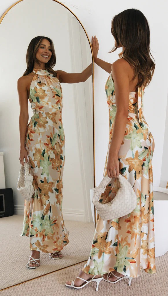 Sexy Halter Lace Up Backless Print Maxi Vestido