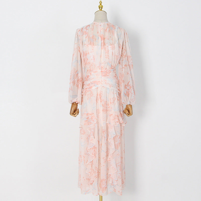 Floral Flounce Round Neck Long Sleeve Quality Pleated Print Maxi Dress