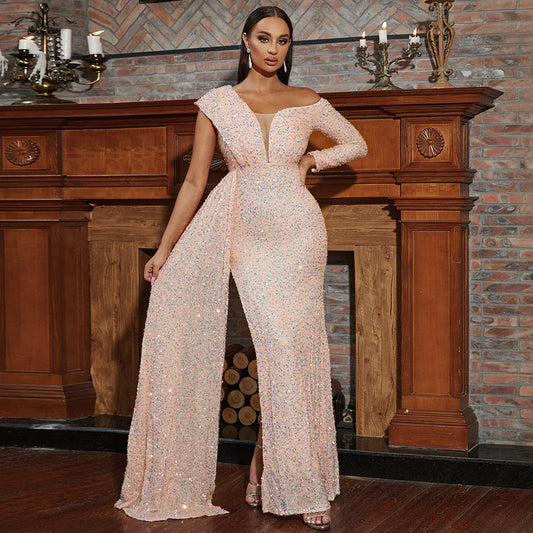 Long Sleeved Elegant Sexy Long Sequined Diagonal Collar Backless Cocktail Evening Dress