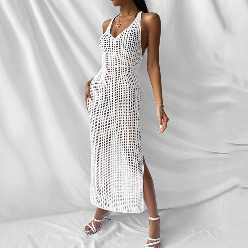 Knitted Hollow Out Cutout Backless Beach Cover Up