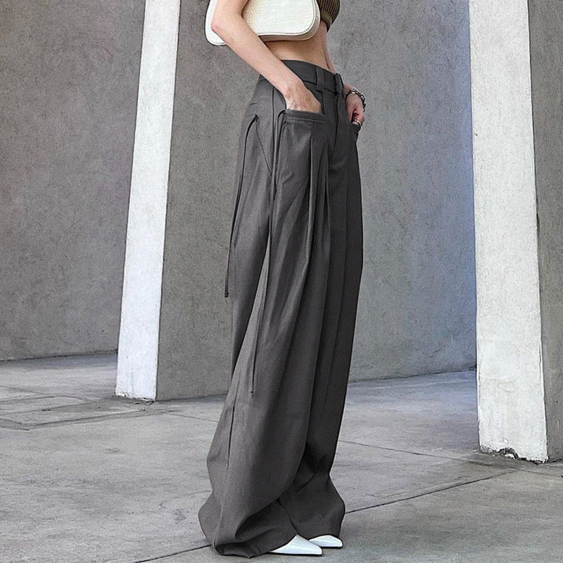 Retro Street Loose Low Waist Solid Color Woven Pants