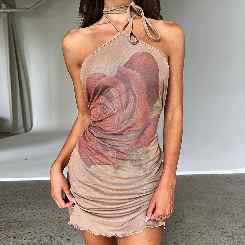 Rose Printing Lace up Halterneck Package Hip Stringy Selvedge Dress