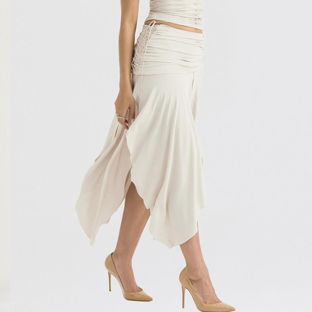 Double Layer Satin Pleated High Waist Irregular Asymmetric Slit Skirt