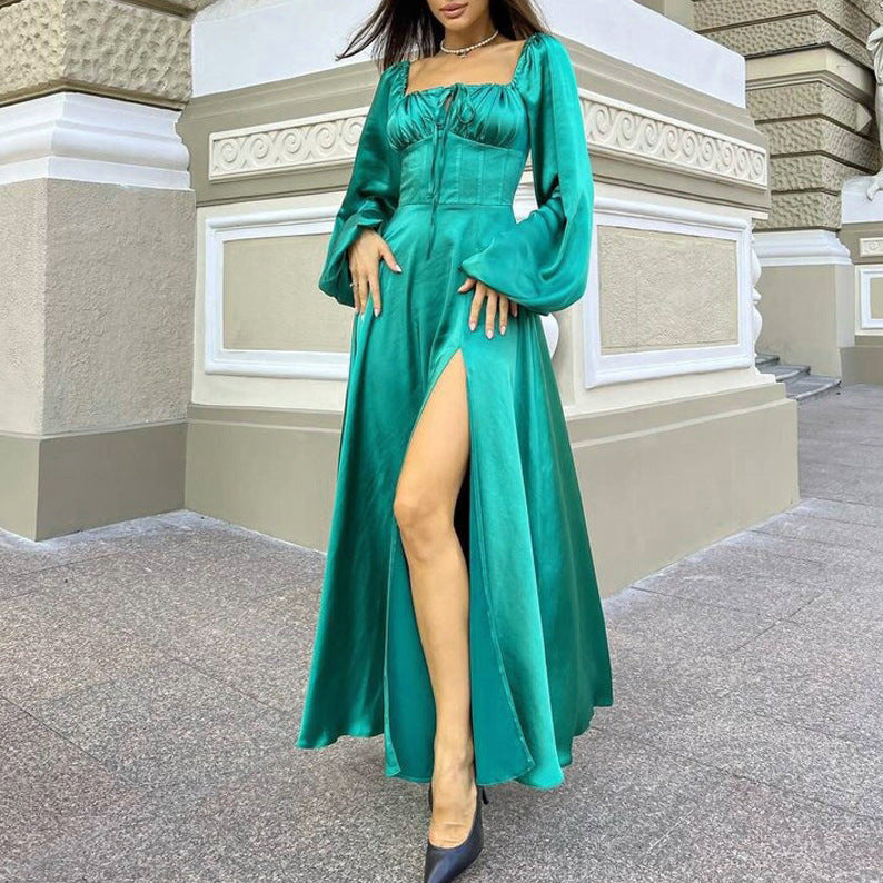 Sexy Long Sleeved Satin off Shoulder Lace up Dress