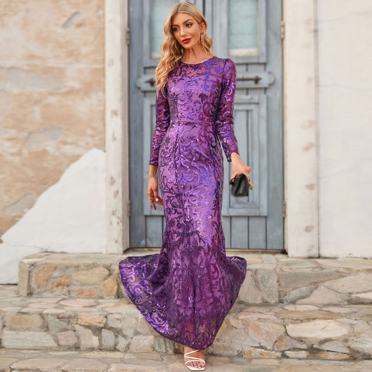 Sequined Purple Crew-Neck Long Evening Dress