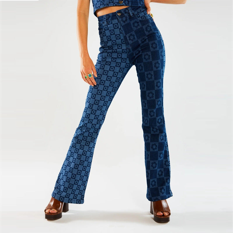 Wear Printing Washed Slim Fit Wide-Leg Jeans
