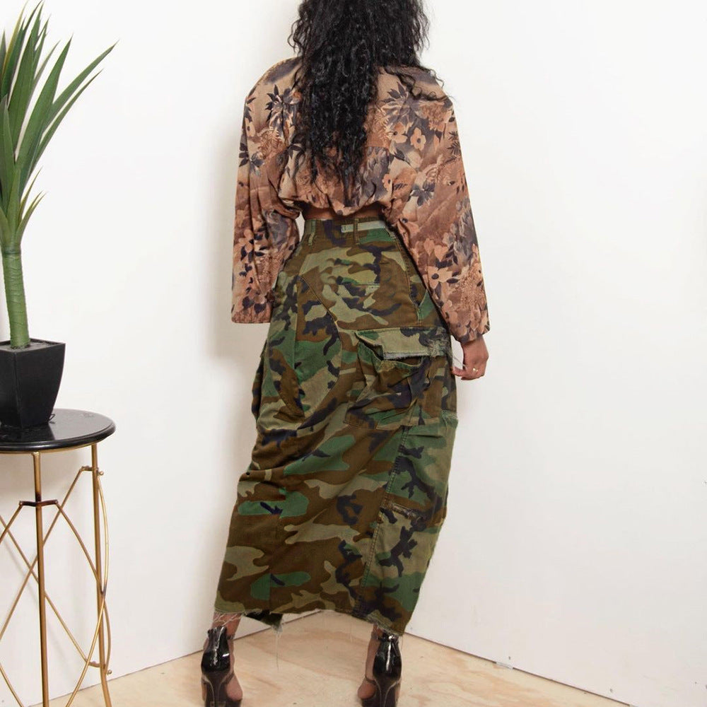 Personalized Camouflage Wash Pocket Slit Tassel Skirt