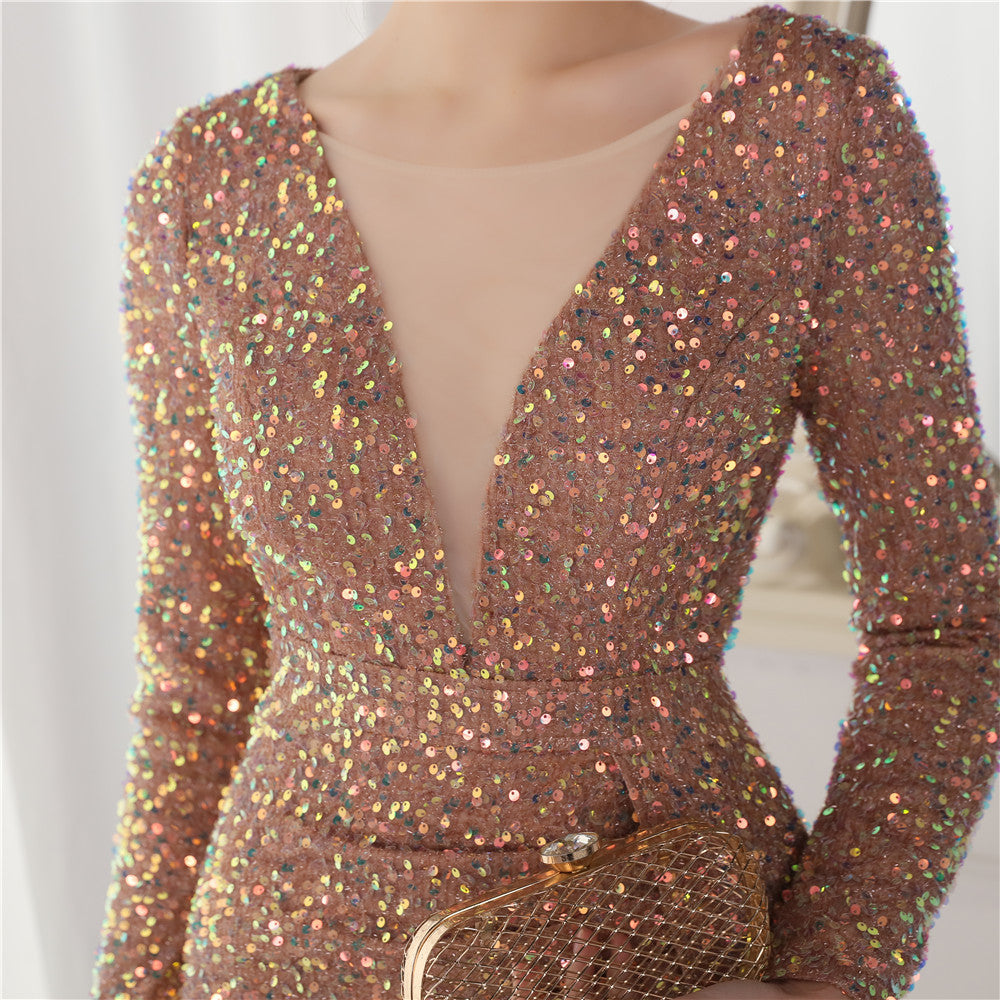 Long Sleeve Sequined Atmosphere Fishtail Evening Dress