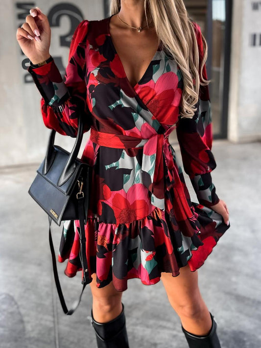 Long Sleeve Printed Waist Controlled Lace Up Shirt Dress