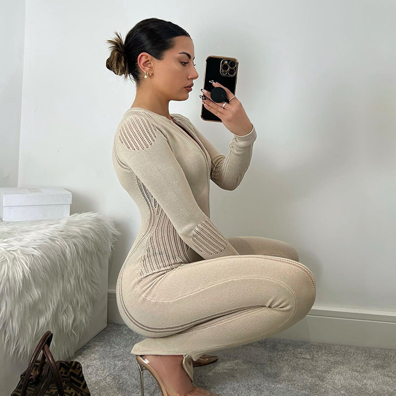 All Match Striped Knitted Long Sleeve Jumpsuit
