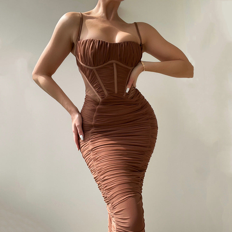 Sexy Backless Tight Waist Controlled Pleated Dress
