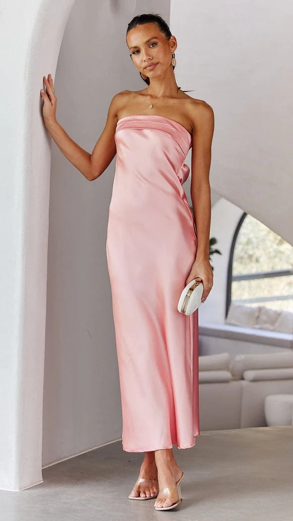 Spring Summer Elegant Socialite Satin Hollow Out Cutout Backless Tube Top Dress
