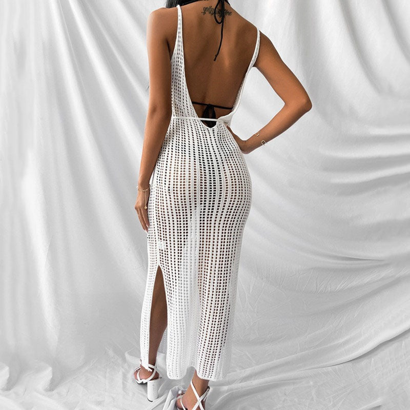 Knitted Hollow Out Cutout Backless Beach Cover Up