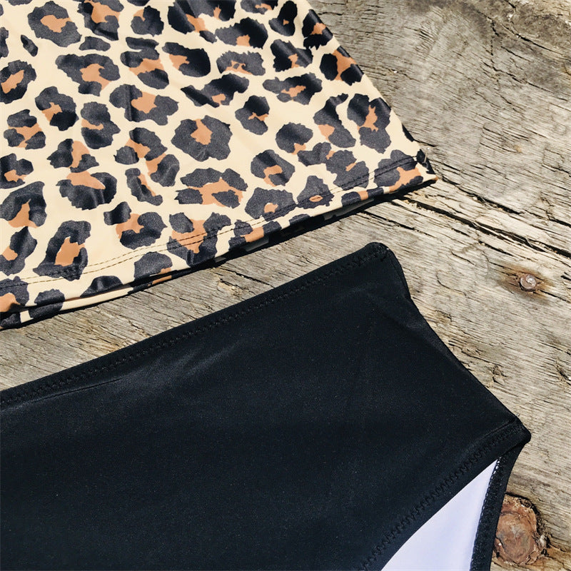 Leopard Print Ruffled Split Bikini Swimsuit
