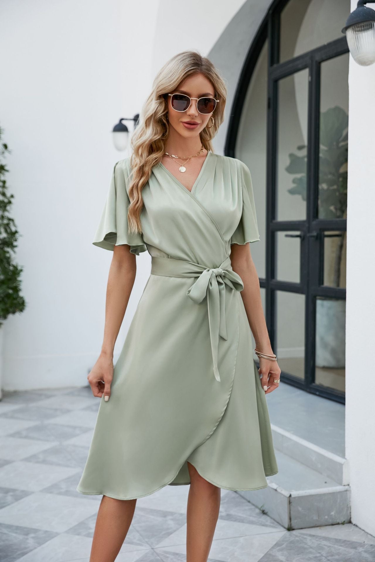 Satin V neck Fitted Waist Flare Sleeve Comfortable Sexy Dress
