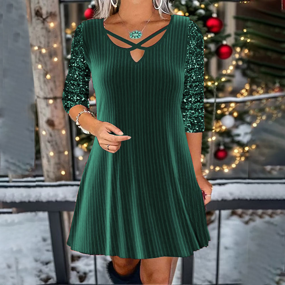 Solid Color V-neck Long Sleeve Sequin Casual Dress
