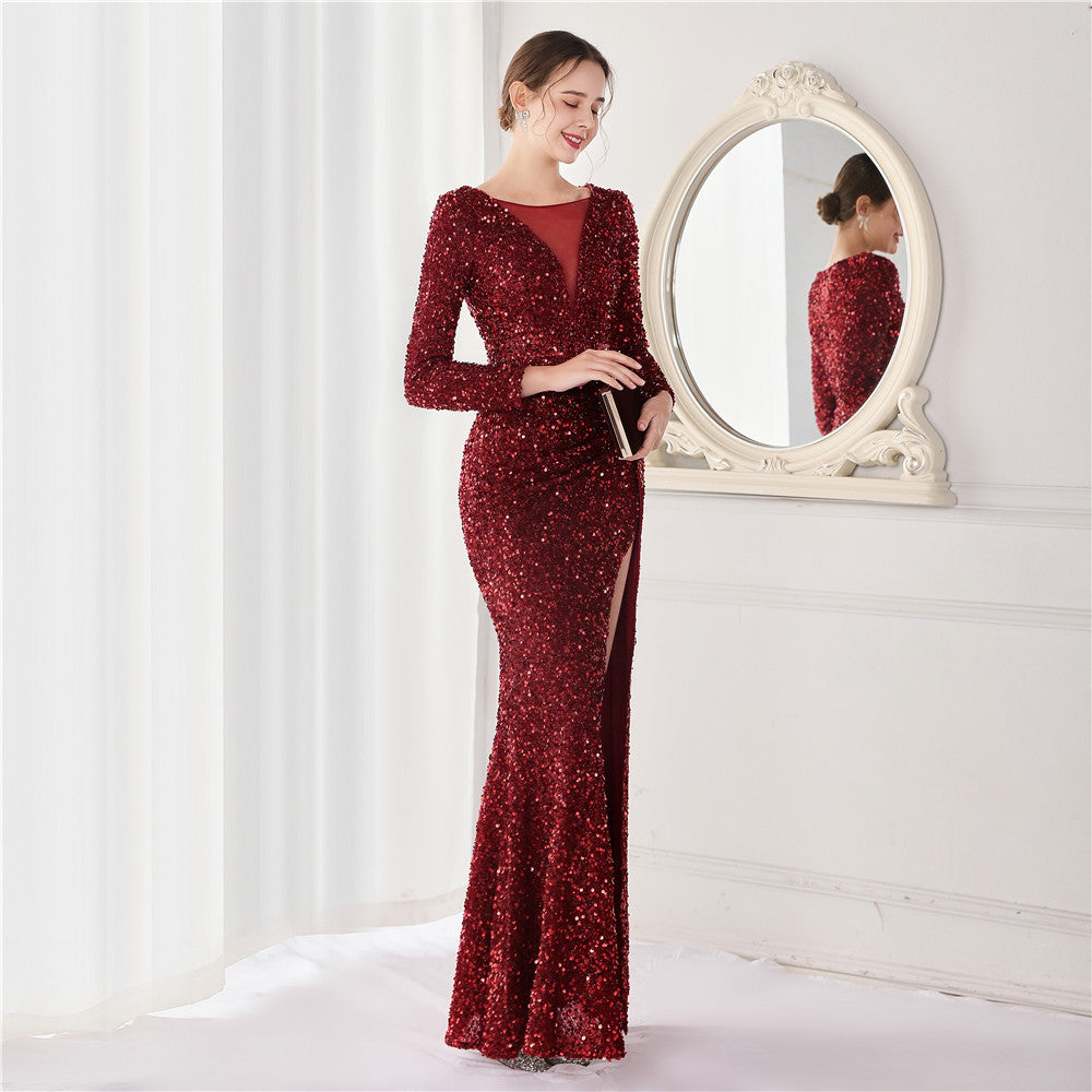 Long Sleeve Sequined Atmosphere Fishtail Evening Dress